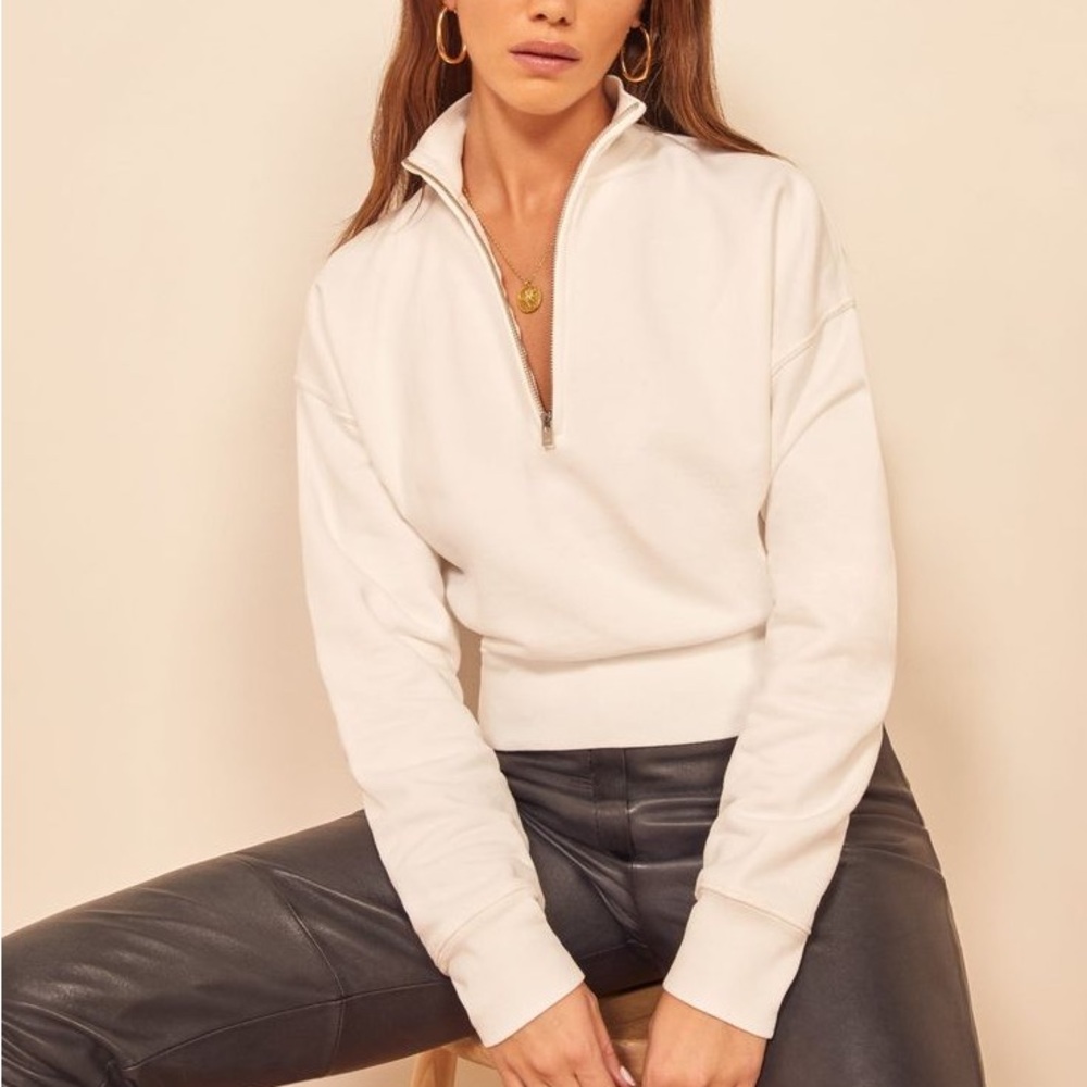 Reformation White Zippered Polo Sweatshirt
